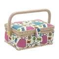 Floral fabric sewing basket with braided handle and vintage sewing tool patterns - C Style - Green Sewing