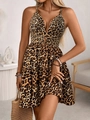 Sexy gold leopard print sleeveless V-neck mini dress with backless design and slim waistline - S / Gold Leopard