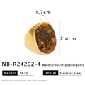 Gold-plated stainless steel ring with natural crushed brown stones and dimensions display - Tiger Eye Large Face Stone Chip Ring (NB-R24202-4)