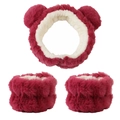 3-piece strawberry bear plush headband and wristband set for washing face in deep rose pink - Rose Red Bear - 3-Piece Set