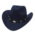 Detail of navy blue felt cowboy hat with leather band and vintage silver metal buttons - M (56-58cm) / Ethnic Metal Decoration / Navy Blue