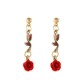 Vintage red rose drop earrings with golden beads and bronze vine leaf details - Red Rose Vine Drop Earrings (K-1042) / KC Gold (K-1042)