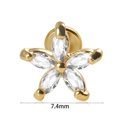 Golden flower labret stud with 7.4mm clear zircon petals and internally threaded flat back - #9-Marquise Flower