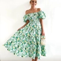 Vestido bohemio con hombros descubiertos, estampado floral verde y amarillo y falda de capas - S / Hoja Amarilla Verde