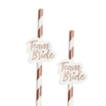Pink striped paper straws with Team Bride gold foil tags for bachelorette party decor - Style 1
