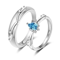 Silver stag horn couple rings with blue heart gemstone in a polished minimalist style - Ql013 Blue Diamond / Male Style