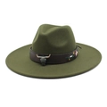 Detail of dark green fedora with leather band, bull skull buckle and floral embroidery - M (56-58cm) / Army Green