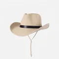 Faltbarer Stroh-Cowboyhut in Beige mit schwarzem Lederband und verstellbarem Kinnriemen - Verstellbare Einheitsgröße / Dunkelbeige