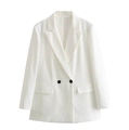 Detail of white double-breasted blazer showing black contrast buttons and lapel collar - XS / White