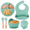Mint green silicone baby feeding set with divided plate, suction bowl, and wooden handle utensils - 6-Piece Set with Wooden Handle / Mint Green