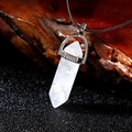 Natural clear crystal hexagonal pillar pendant with silver cap and black cord necklace - White Crystal