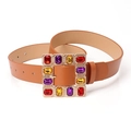 Brown leather belt with a vintage gold square buckle featuring colorful crystals - Camel