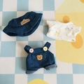 Dreiteiliges Denim-Outfit für 17 cm Plüschpuppen mit Hut, T-Shirt und Bären-Latzhose - Passend für 17cm Puppe / Denim-Taschen-Set mit Umschlag (Dreiteilig)