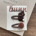 Set of two brown plaid snap hair clips with knitted bunny and plush pom-poms for girls - Dark Coffee Rabbit Snap Clip