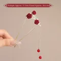 U-shaped gold hair pin with red velvet roses, white pearls and long 10.5cm tassels - Three Red Flower Plum - Gold