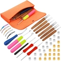 Bamboo dreadlock crochet tool set with sizes 0.5-1.5mm in an orange felt storage bag - Bag Crochet Tool Kit