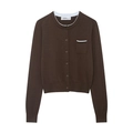 Chaqueta de punto marrón oscuro con ribete blanco en contraste y cuello redondo - S / café