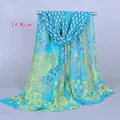 Blue chiffon floral scarf with peacock feather patterns in ethnic style for summer - Blue (Ethnic Totem Floral)