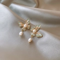 Elegant gold butterfly earrings with pastel enamel and hanging teardrop pearls - Gold ED65121 Enamel Butterfly