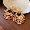 Bohemian gold plated bell earrings with soft pink resin beads and intricate filigree - Silver Earring Post Gold Hollow Heart Pink Bead Tassel Stud Earrings