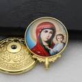 Detail of two-piece gold metal religious ornament featuring colorful icon with screw thread - Gold-1 (Virgin Mary and Child)