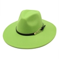 Close-up of fluorescent green felt fedora hat featuring black faux leather band and gold buckle - M (56-58cm) / Fruit Green
