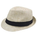Classic men's woven straw fedora hat in cream with a wide black decorative ribbon - 58cm / Off White