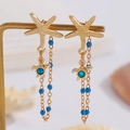 Detailed view of starfish earrings with long chains, blue beads, and small turtle charms - Gold (G-311)