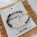 Handcrafted beaded necklace with natural pearls and purple amethysts on a gold chain - Pearl Purple Natural Stone Bracelet (SL0122)