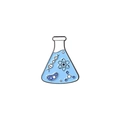 Broche en émail flacon conique bleu avec motifs ADN et atome sur fond blanc épuré - Style Fiole de Laboratoire (XZ4642)