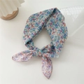 Floral cotton linen square scarf in blue and pink tones with knot styling - Orange-Yellow Floral-Foliage Pattern
