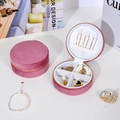 Pink velvet round jewelry travel organizer with gold zipper and multi-compartment storage - Round Gold Zipper Rose Red - White Velvet Interior