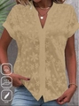 Women's summer beige V-neck short sleeve lace shirt in soft breathable cotton fabric - S / Khaki