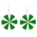 Detail of round green and white candy cane striped earrings with silver metal hooks - Green Candy Earrings