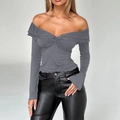 Graues Damen Off-Shoulder Y2K Langarmshirt mit Rüschenkragen und Twist-Knoten vorne - S / Grau