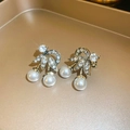 Vintage style gold ribbon earrings with sparkling rhinestones and three white hanging pearls - 11# Retro Rhinestone Pearl Dangle Ear Clip - Gold