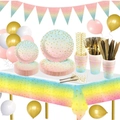 Set de vajilla arcoíris para fiesta con platos rosas, servilletas y lunares oro - Mantel Arcoíris con Lunares 130*220cm