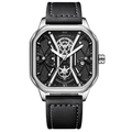 Men's hollow dial quartz watch with black leather strap and square silver case - 9228 Silver Case Black Dial Leather Strap