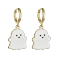 Close-up of golden Halloween ghost hoop earrings with white enamel drop details - White Ghost Style