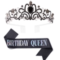 Pink Birthday Queen sash and black rhinestone tiara set for girls party celebrations - One Size / Silver Black Crown + Black Holographic Queen Sash