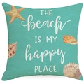 Close-up of teal linen cushion with beach theme typography and shell texture detail - Style YD502-4 (Beach Happy Place) / 45*45cm (Insert Not Included)