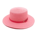 Dettaglio della trama del cappello di paglia rosa con cinturino in pelle e fibbia - M(56-58cm) / Rosa scuro