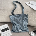 Detail of grey velvet tote bag with scattered pearls and fine silver vertical stripes - Dark Green