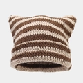 Detail view of striped knit cat ear beanie with chunky crochet texture in brown and beige - M (56-58cm) / Cream & Coffee