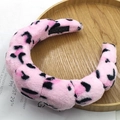 Pink leopard print plush headband with Hand Made label on a wooden tray - Wide Padded Headband / Flannel Pink Leopard