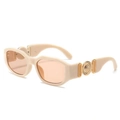 Retro small frame cream sunglasses with light orange lenses and gold circular emblem - Rice White Frame / Tea Lens