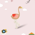 Cute flamingo enamel brooch pin with red wings and gold metal plating on pink background - Ostrich