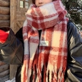 Winter mohair scarf with red and white plaid pattern and fringe detail in soft knit fabric - Mohair Star Moon Red Plaid / 70-200cm