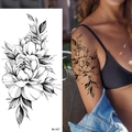 Peony flower temporary tattoo sticker BK-037 with black sketch design for arm placement - Pattern BK-037