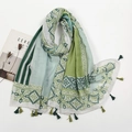 Green ethnic geometric print cotton linen scarf with tassel trim and patchwork design - Green White Geometric Style (XB971-04)
